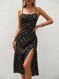 Midnight Blossom Split Midi Dress