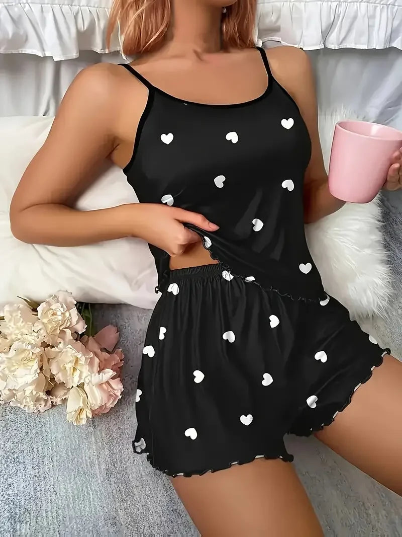 Heart Print Cami & Shorts Pajama Set