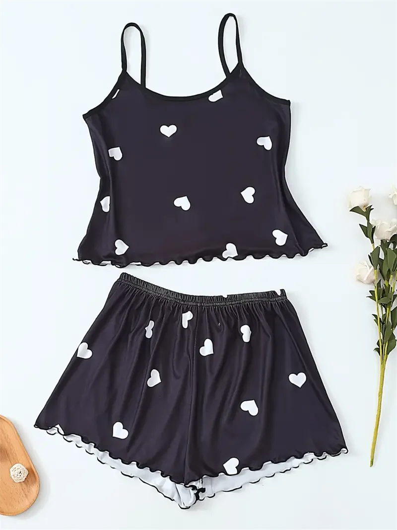 Heart Print Cami & Shorts Pajama Set