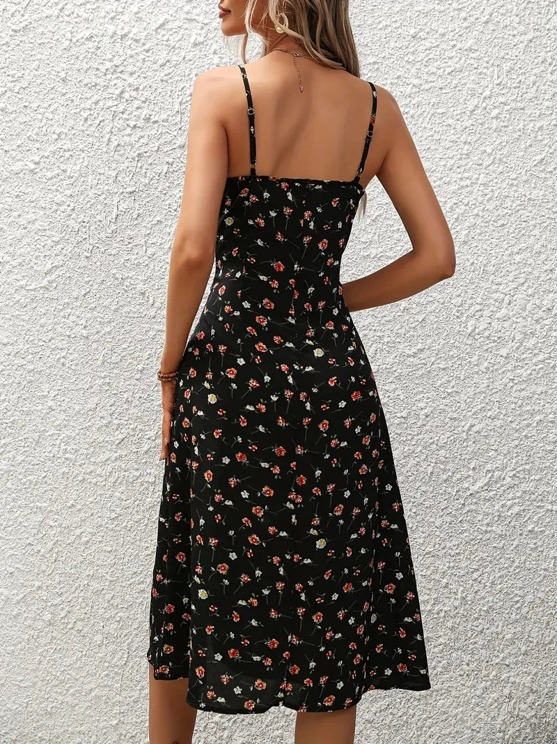 Midnight Blossom Split Midi Dress